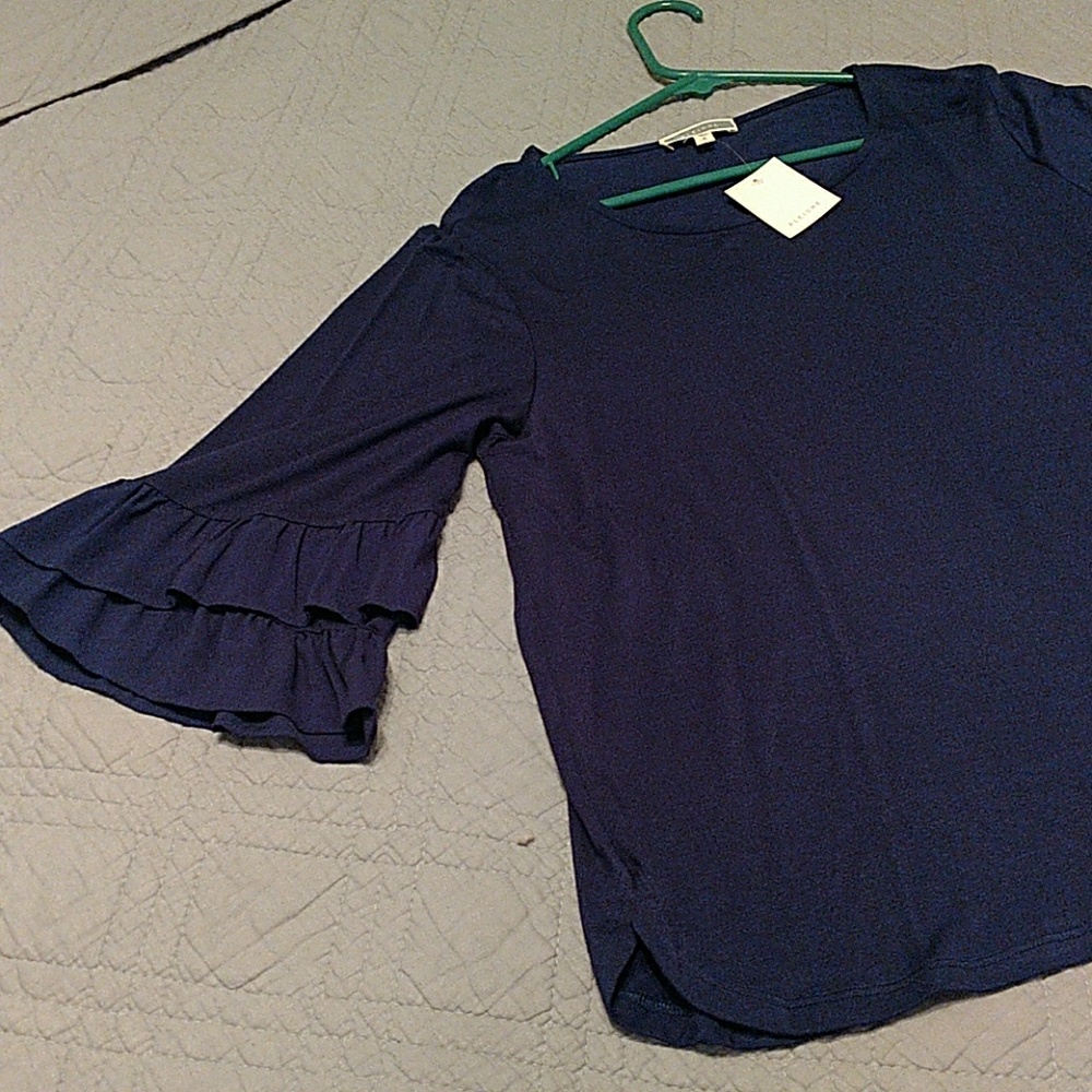Pleione navy blue tunic 3/4 double ruffle sleeves